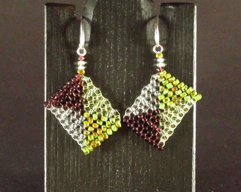 Gold Green Purple Pyramid Herringbone Stitch Seedbead Asymmetric Earrings