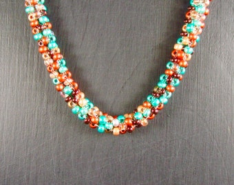 Turquoise, Bronze, Gold, Brown Cubic Right Angle Weave Seed Bead Necklace