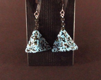 Black Blue Green White Iceland Colors Peyote Stitch Dimpled Tetrahedron Seedbead Earrings