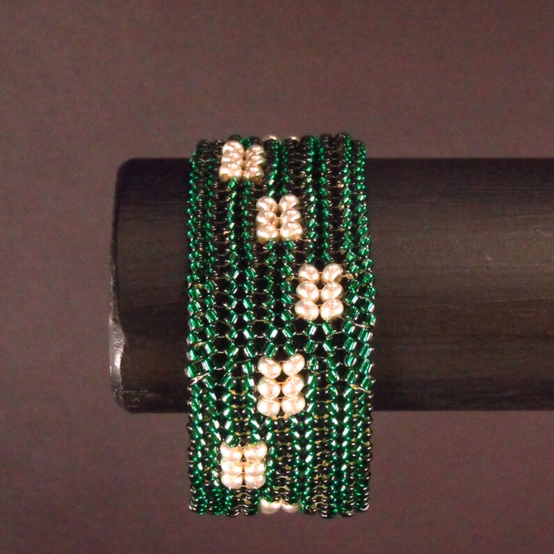 Green Silver Herringbone Patchwork Seed Bead Cuff Bracelet image 2
