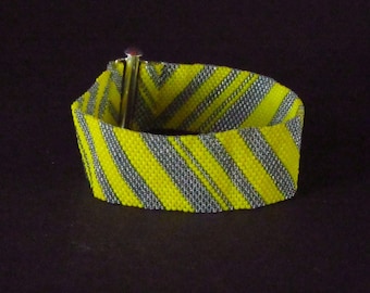 Grey Yellow Diagonal Pattern Peyote Stich Ribbon Cuff Seedbead Bracelet