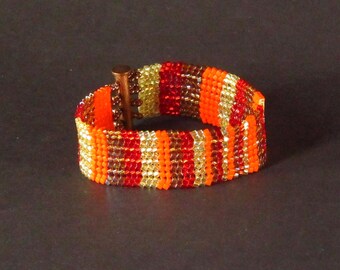 Orange, Topaz, Red, Gold Autumn Colors Herringbone Stitch Cuff Bracelet