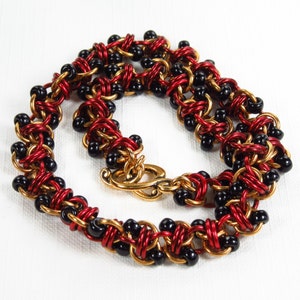 Jewelers Brass, Anodized Aluminum & Seed Bead Barrel Weave Chainmaille Wrap Bracelet or Choker Necklace