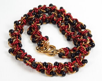 Jewelers Brass, Anodized Aluminum & Seed Bead Barrel Weave Chainmaille Wrap Bracelet or Choker Necklace