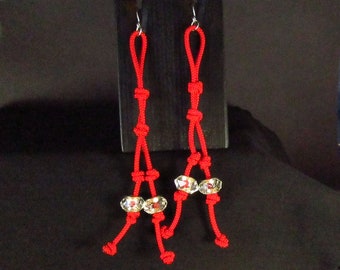 Faceted Glass Beads Red Cord Knotted Earrings