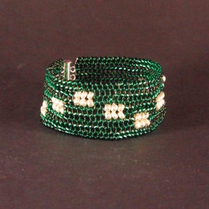 Green Silver Herringbone Patchwork Seed Bead Cuff Bracelet image 1