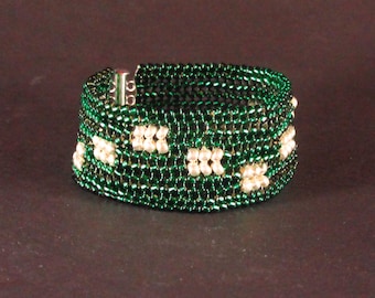 Green Silver Herringbone Patchwork Seed Bead Cuff Bracelet