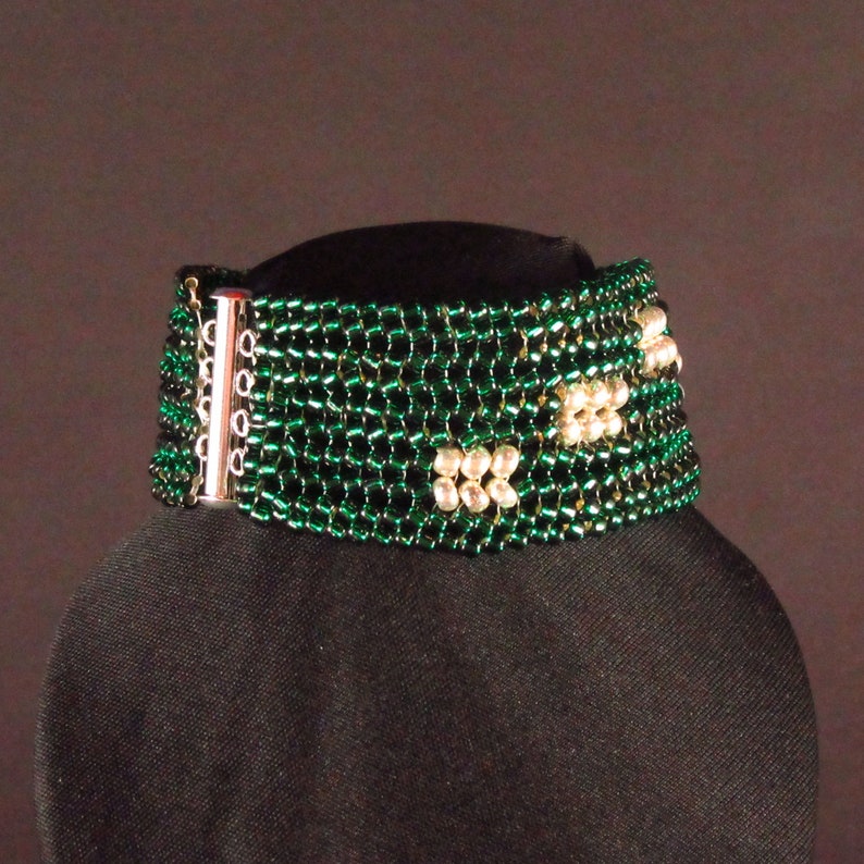 Green Silver Herringbone Patchwork Seed Bead Cuff Bracelet image 3