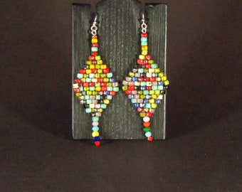 Mardi Gras Beads Brick Stitch Diamond Shape Earrings
