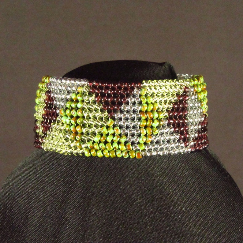 Gold Green Purple Circling Pyramids Herringbone Stitch Seedbead Cuff Bracelet image 4