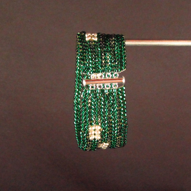 Green Silver Herringbone Patchwork Seed Bead Cuff Bracelet image 8
