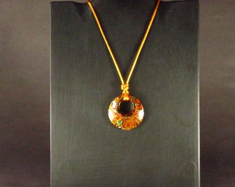 Gold Red Dichroic Glass Pendant on Knotted Satin Cord Necklace