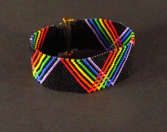 Rainbow V's Black Pride Peyote Stitch Wide Ribbon Seedbeads Cuff Bracelet