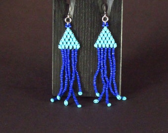 Blue Superduo Peyote Stitch Fringe Seedbeads Earrings