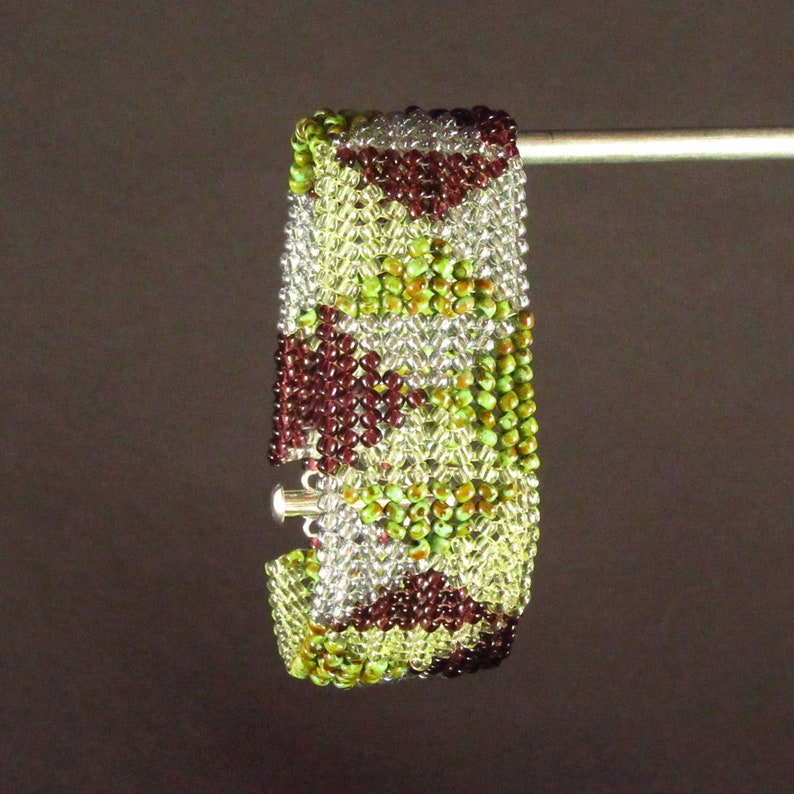 Gold Green Purple Circling Pyramids Herringbone Stitch Seedbead Cuff Bracelet image 2