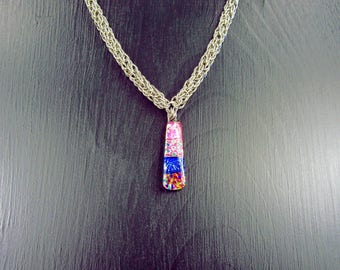 Stainless Steel with Dichroic Glass Pendant Candy Cane Cord Weave Chainmaille Necklace