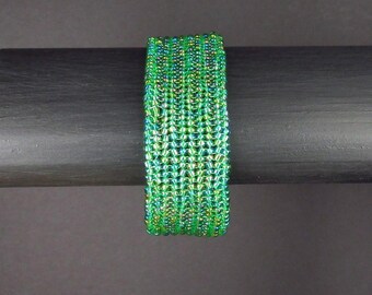 Iridescent Green Glass Seed Bead Herringbone Stitch Cuff Bead Bracelet