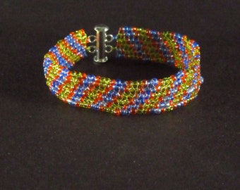 Blue Green Orange Herringbone Stitch Seedbead Bracelet