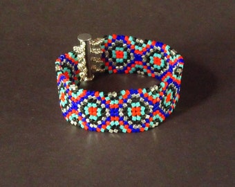 Red Turquoise Black Blue Silver Southwest Colors Herringbone Stitch Cuff Bracelet