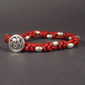 Red Leather Oval Silver Bead Spanish Knot Bracelet