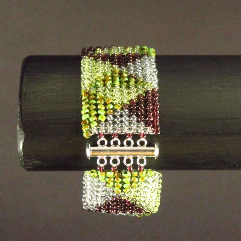 Gold Green Purple Circling Pyramids Herringbone Stitch Seedbead Cuff Bracelet image 3