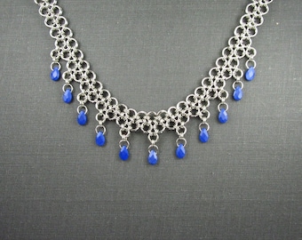 Stainless Steel and Blue Agate Japanese Lace Weave Chainmaille Necklace