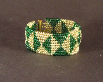 Green Gold Pyramid Herringbone Stitch Seedbead Cuff Bracelet