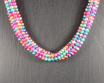 Pink, Purple, Blue, Gold Tubular Herringbone Stitch Seed Bead Necklace