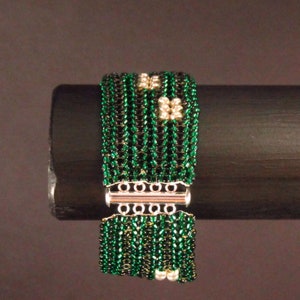 Green Silver Herringbone Patchwork Seed Bead Cuff Bracelet image 6