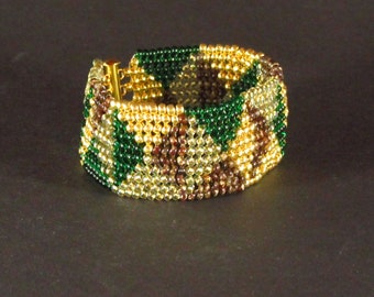 Brown Gold Green Circling Pyramids Herringbone Stitch Seedbead Cuff Bracelet