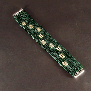 Green Silver Herringbone Patchwork Seed Bead Cuff Bracelet image 5