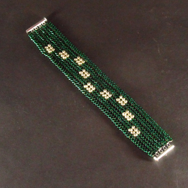 Green Silver Herringbone Patchwork Seed Bead Cuff Bracelet image 5