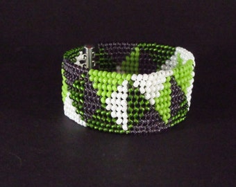 Green Purple White Circling Pyramids Herringbone Stitch Seedbead Cuff Bracelet