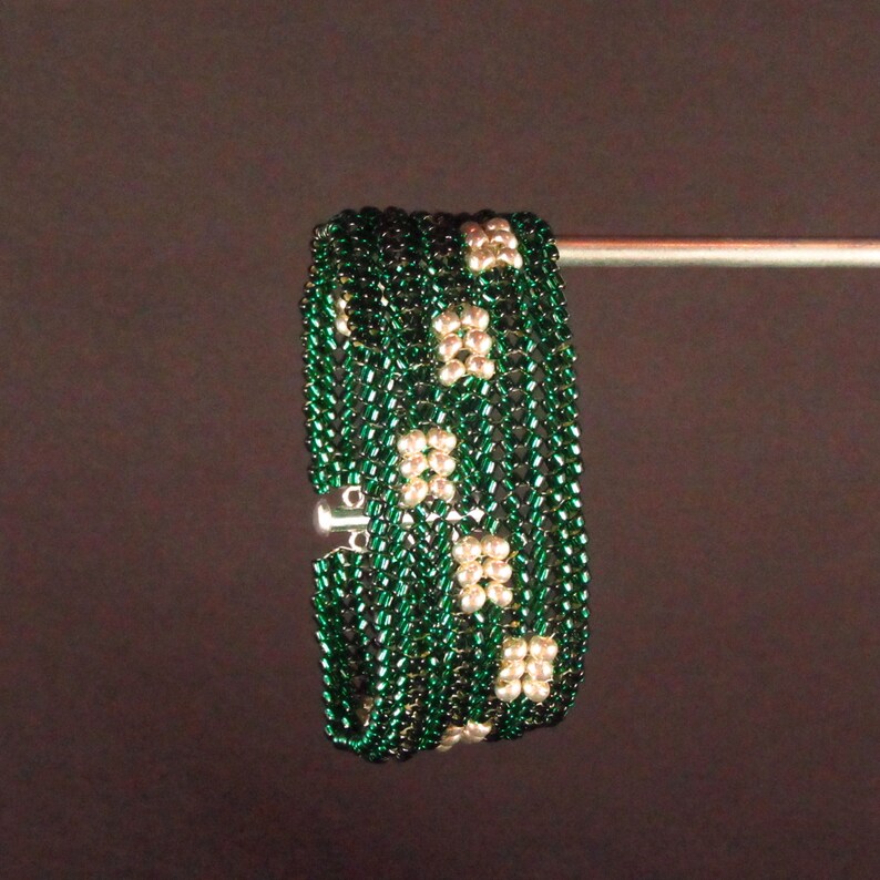 Green Silver Herringbone Patchwork Seed Bead Cuff Bracelet image 4