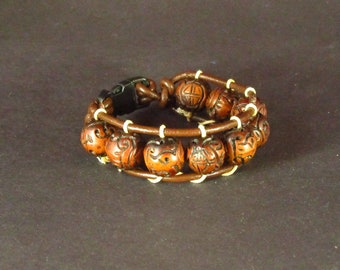 Carved Cherry Wood Leather Wrap Bracelet