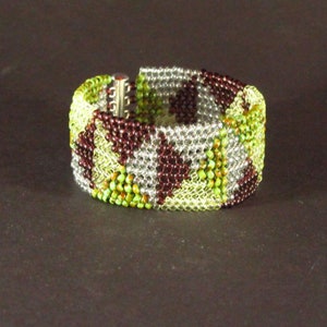 Gold Green Purple Circling Pyramids Herringbone Stitch Seedbead Cuff Bracelet image 1