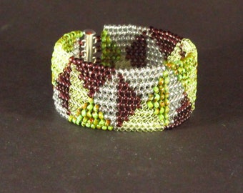 Gold Green Purple Circling Pyramids Herringbone Stitch Seedbead Cuff Bracelet