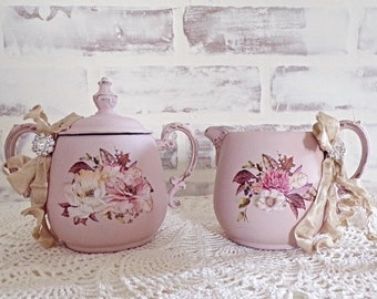 Shabby Upcycled Pink Cream and Sugar Home Decor