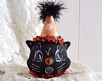 Handmade Halloween Folk Art Clay Black Cat Altered Art Luminary Home Décor