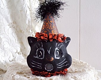 Handmade Halloween Folk Art Clay Black Cat Altered Art Luminary Home Décor