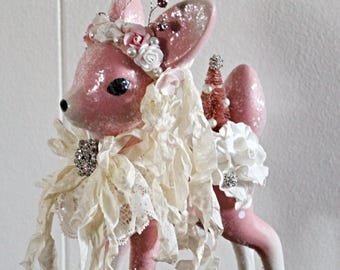Shabby Upcycled Pink Christmas Deer Figurine Holiday Home Decor