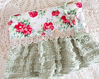 Shabby Tattered Shabby Flower and Green Chenille Clutch Zipper Pouch