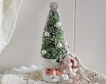 Shabby Handmade Santa Cup with Bottle Brush Tree Christmas Home Holiday Decor