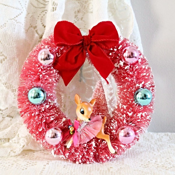 Upcycled Kitschy Pink Bottle Brush Flocked Retro Deer Wreath Christmas Home Decor