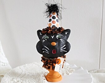 Handmade Folk Art Clay Halloween Black Cat Home Decor