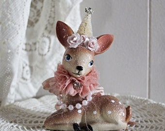 Shabby Upcycled Pink Christmas Deer Figurine Holiday Home Decor