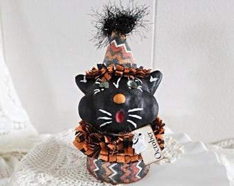 Handmade Folk Art Clay Halloween Black Cat Home Decor