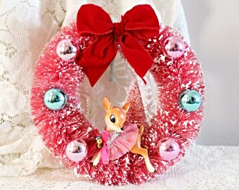 Upcycled Kitschy Pink Bottle Brush Flocked Retro Deer Wreath Christmas Home Decor