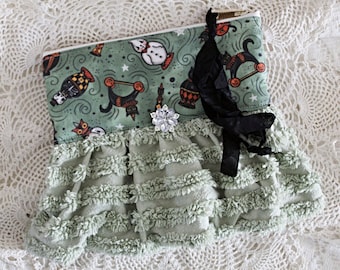 Shabby Tattered Shabby Halloween Johanna Parker Fabric and Green Chenille Clutch Zipper Pouch