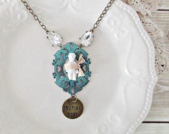 Shabby Cottage Chic Patina Frozen Charlotte Mixed Media Assemblage Statement Necklace
